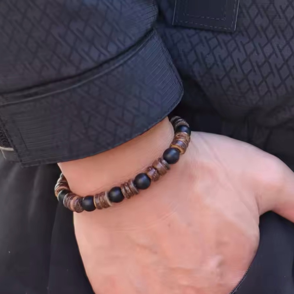 Natural Coconut Husk Bracelet For Men Handmade Onyx Volcanic Beaded Bracelet